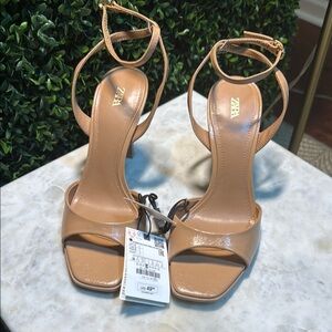 Zara Tan High-Heeled Sandals with Square-Toe Design